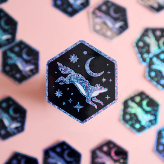 Wolf and Moon Hexagon Glitter Sticker