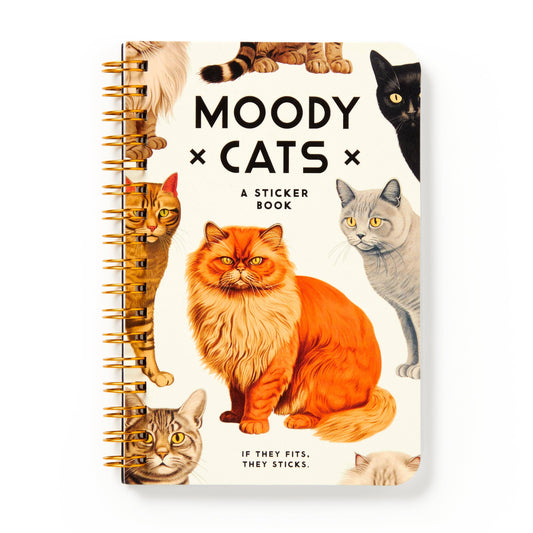 Sticker book cover with cats and 'Moody Cats' text on a white background, vintage style cat llustration sticker set.