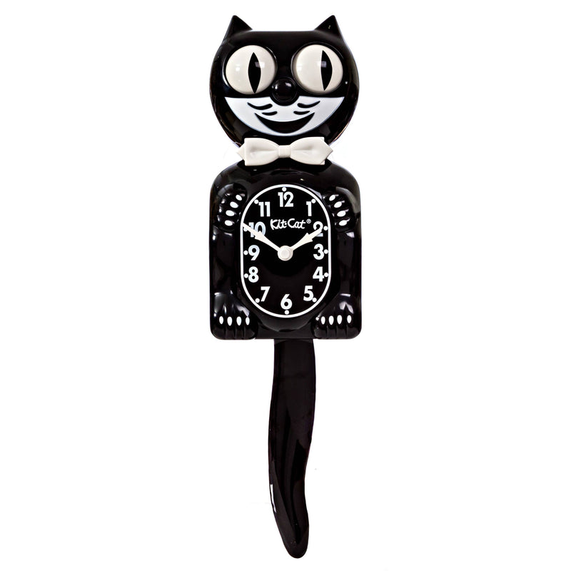 The classic black cat-shaped clock with a white bow tie on a white background