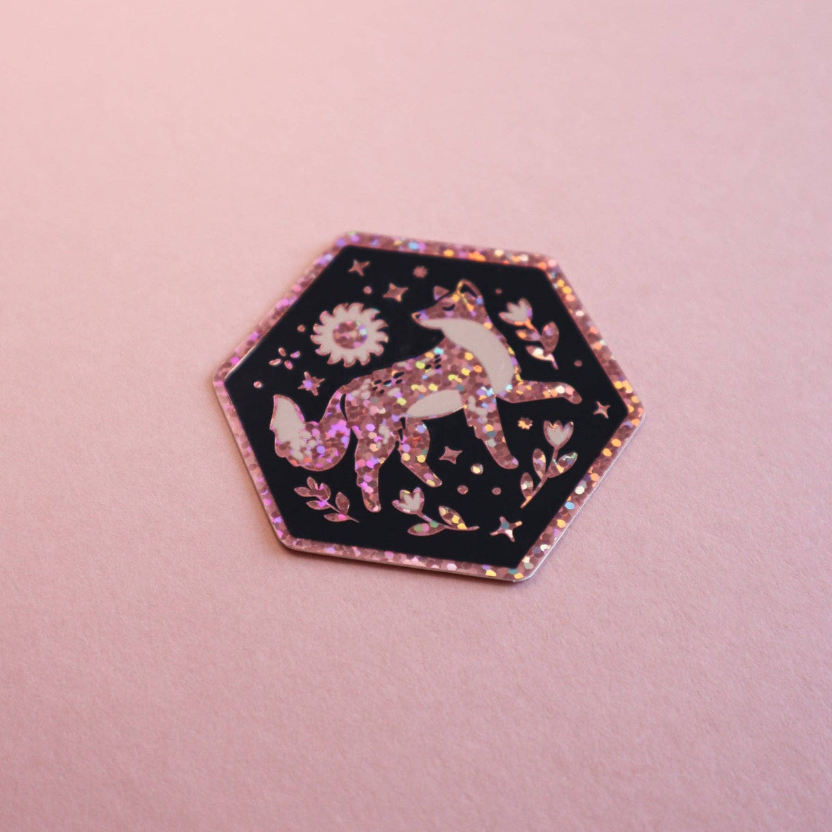 Fox and Sun Hexagon Glitter Sticker