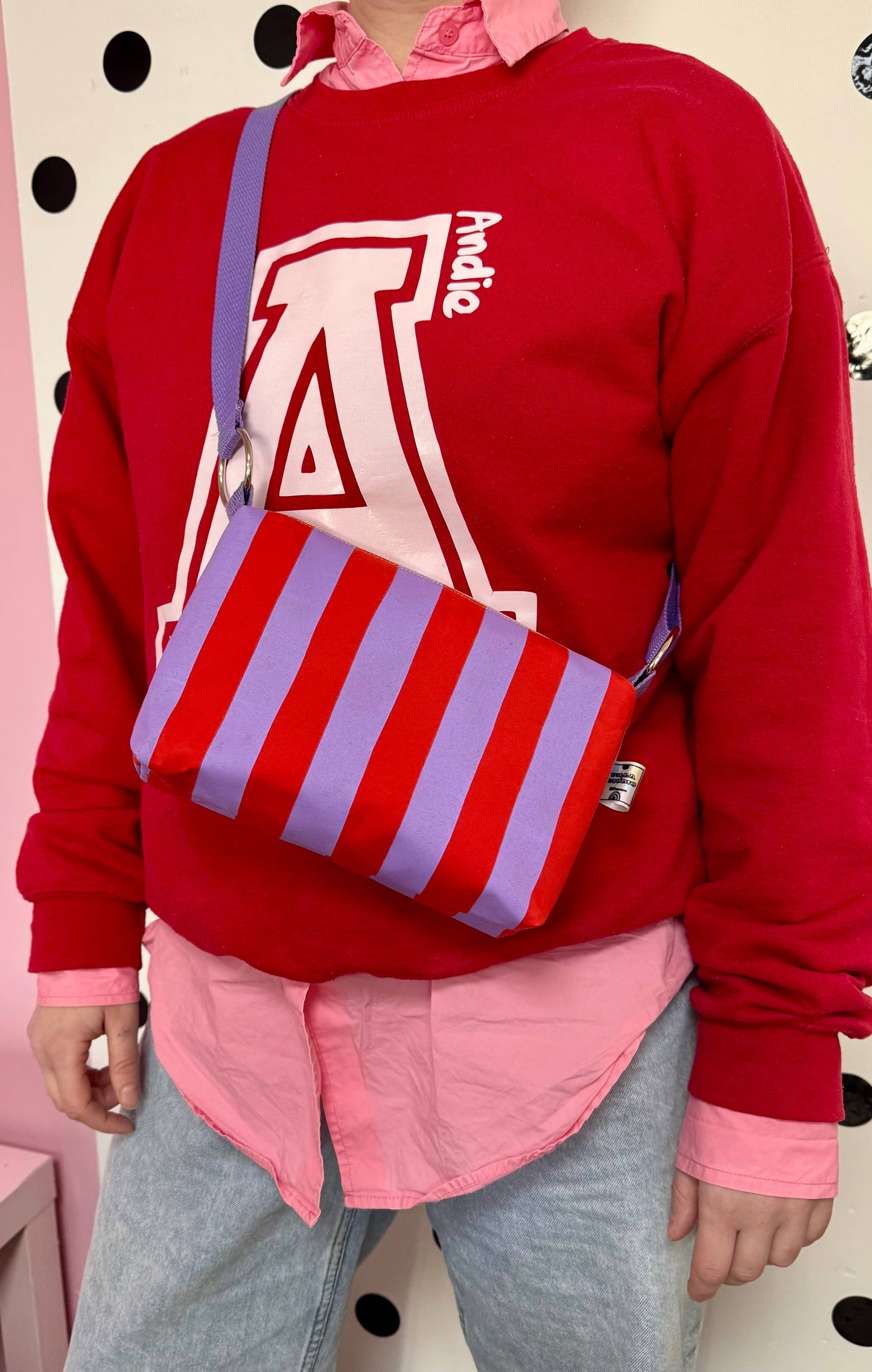 Red and Lilac  waxed canvas crossbody boxy bag