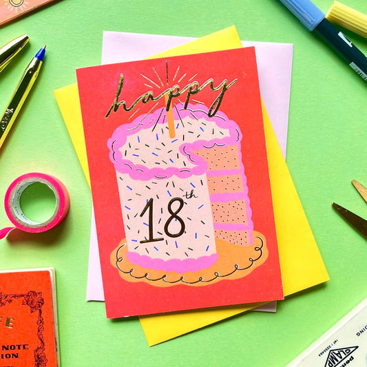 'Happy 18th' card with birthday cake illustration and stationery items on a green background