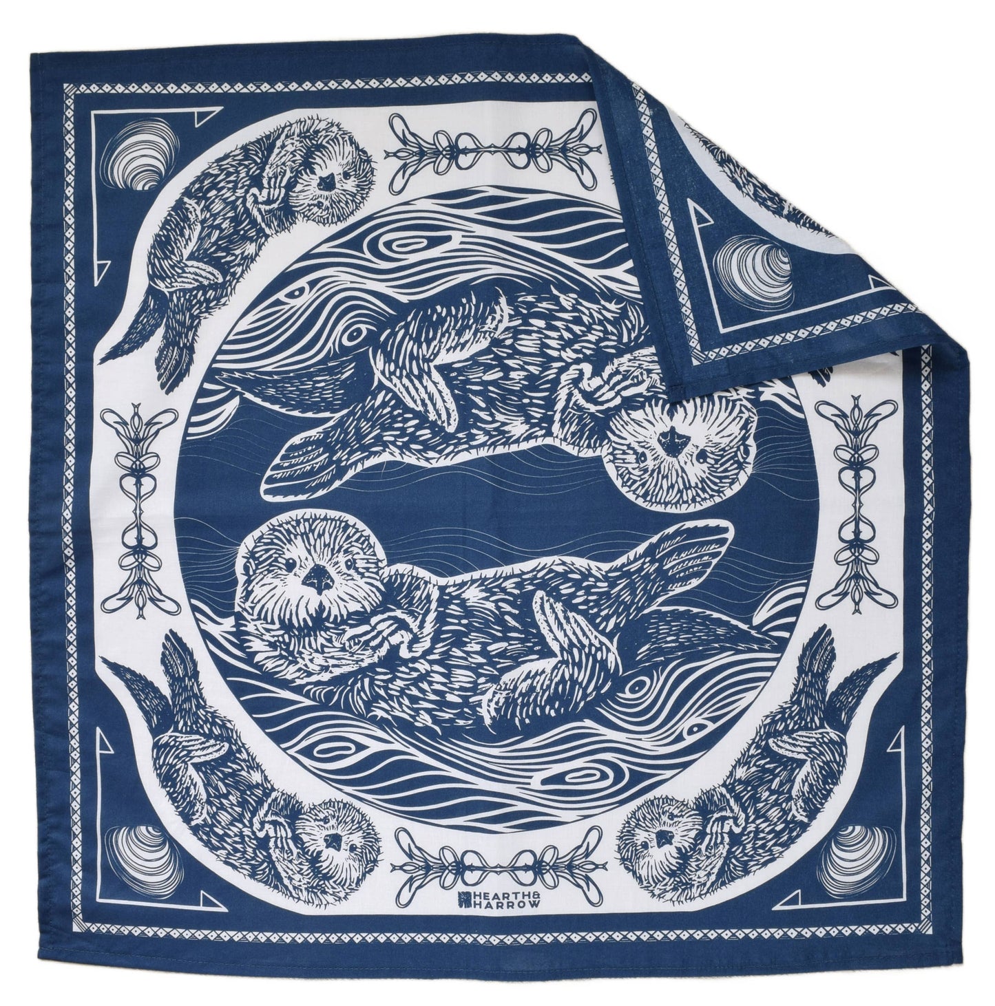 Navy blue and white scarf with otter relaxing in the water design