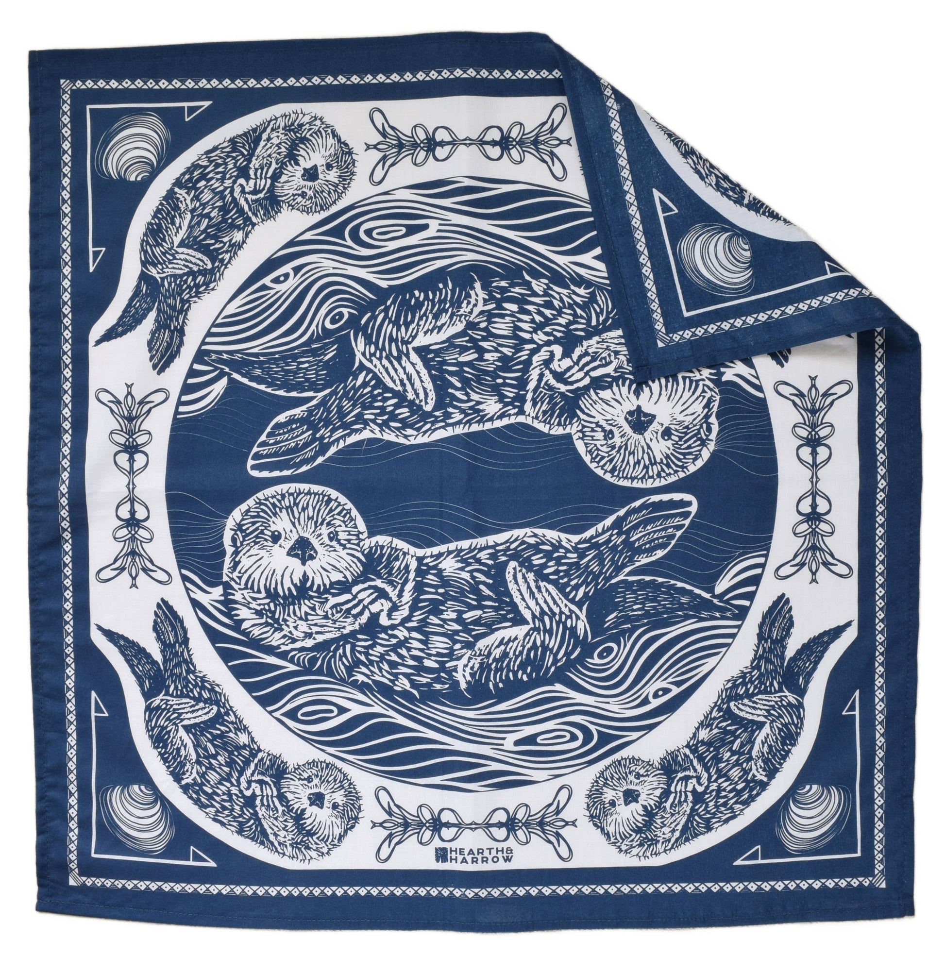 Navy blue and white scarf with otter relaxing in the water design