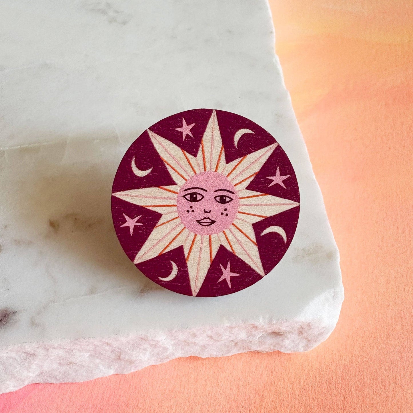Celestial Star Wooden Pin Badge: Burgundy and Pink