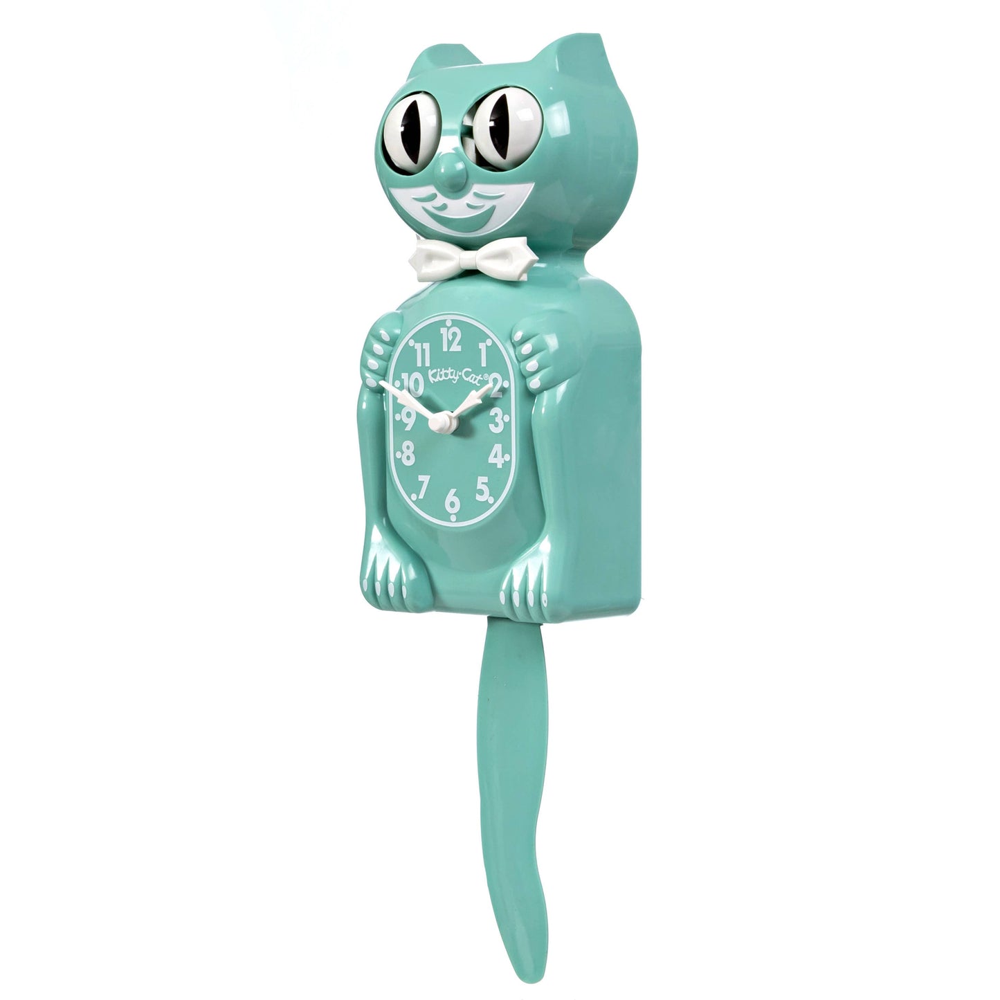 Turquoise cat-shaped clock with a white face on a white background, moving eyes and tail