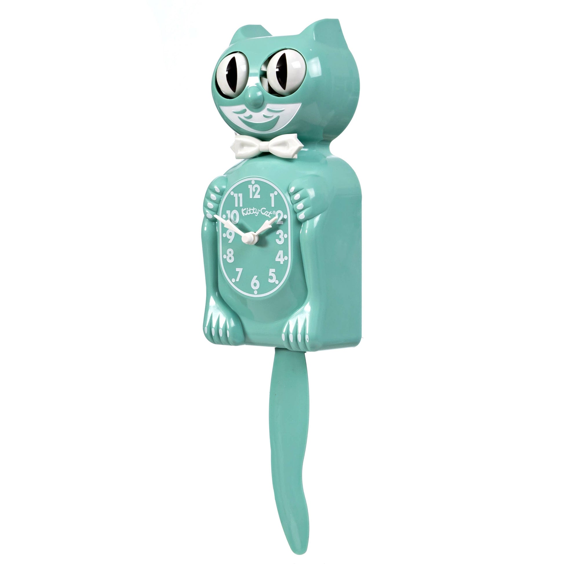 Turquoise cat-shaped clock with a white face on a white background, moving eyes and tail