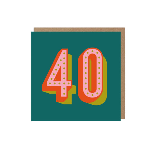 A colorful 40th birthday card with large numbered '40' on a dark green background, accompanied by a kraft envelope.