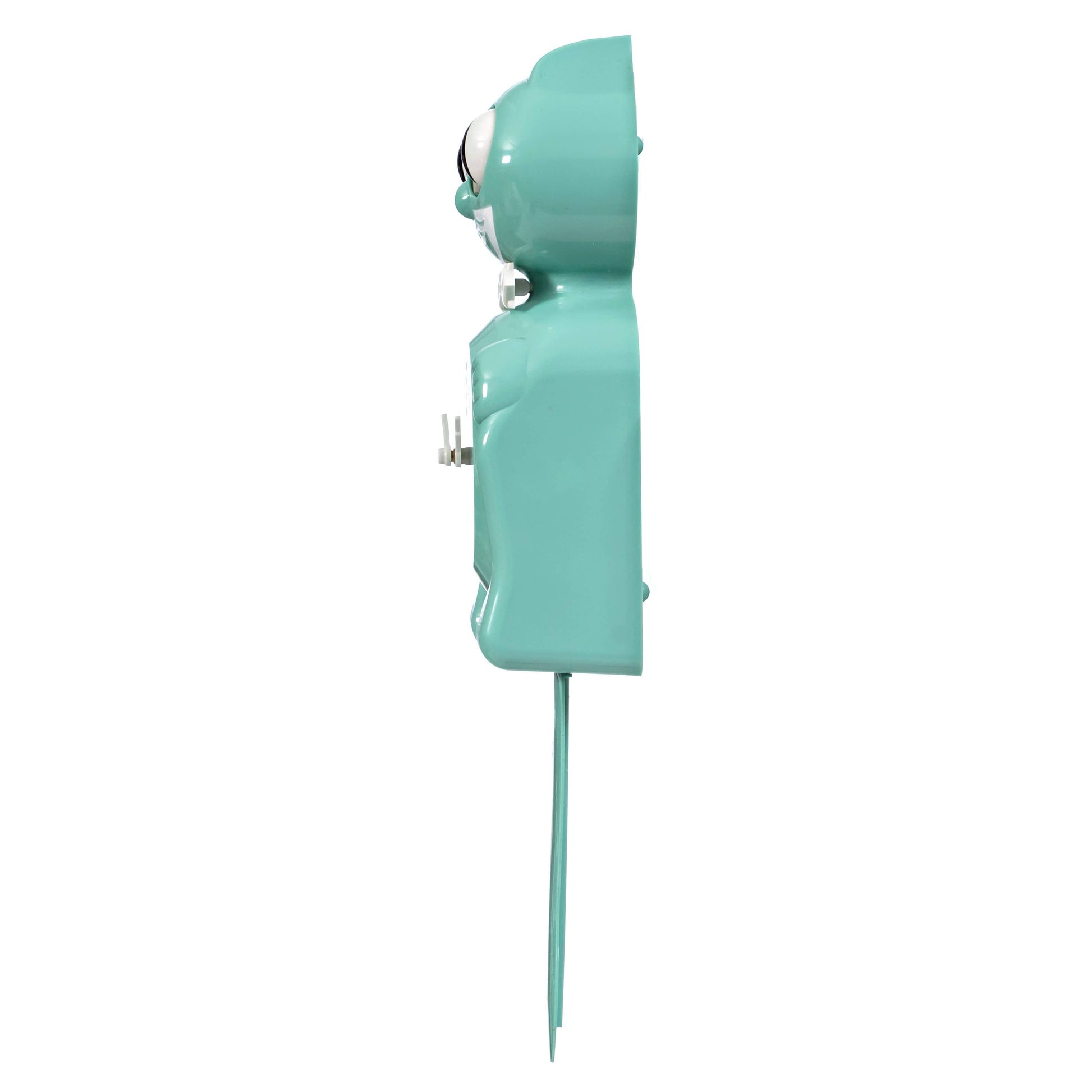 Side profile of teal kitty cat clock, retro classic design.