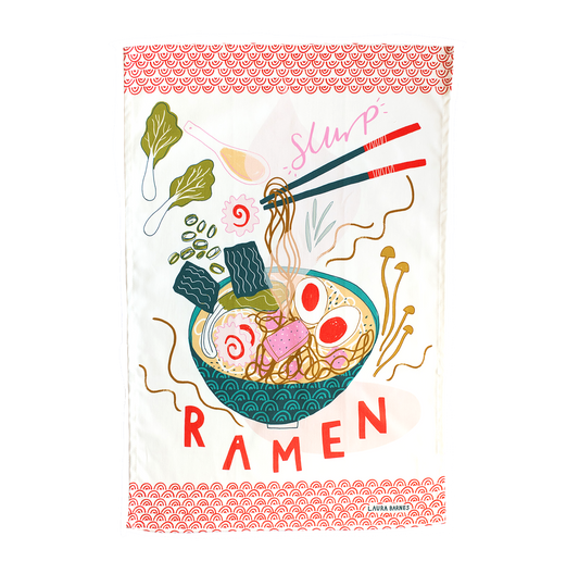 A multicolored organic cotton tea towel with an illustration of a ramen bowl and the word 'Ramen' printed across the bottom, on a white background.