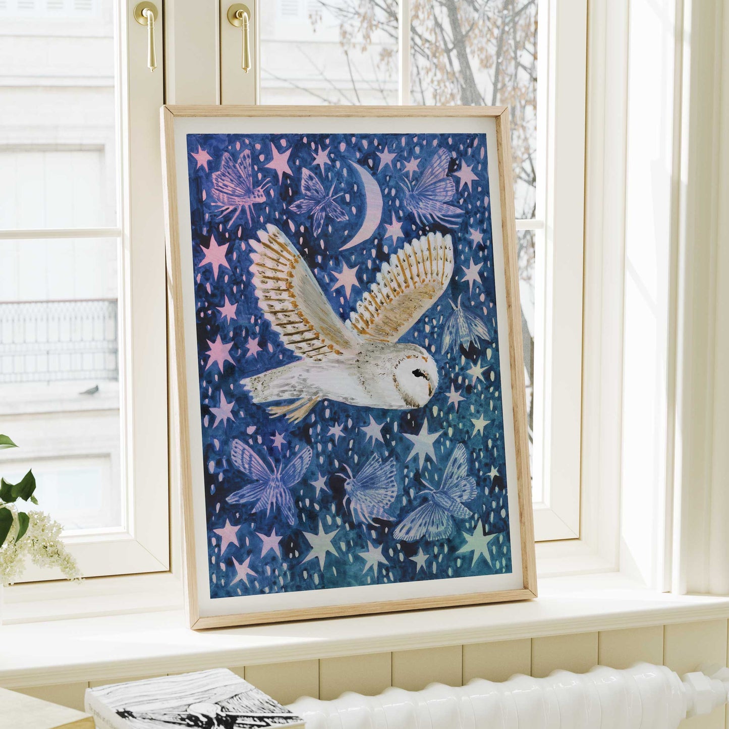 Barn Owl and Moths A3 Art Print