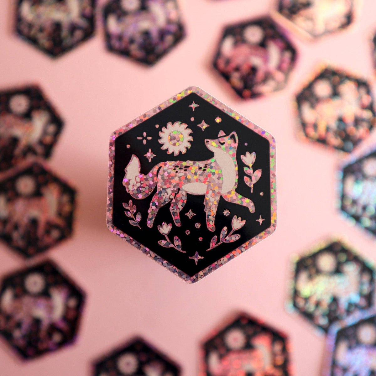 Fox and Sun Hexagon Glitter Sticker