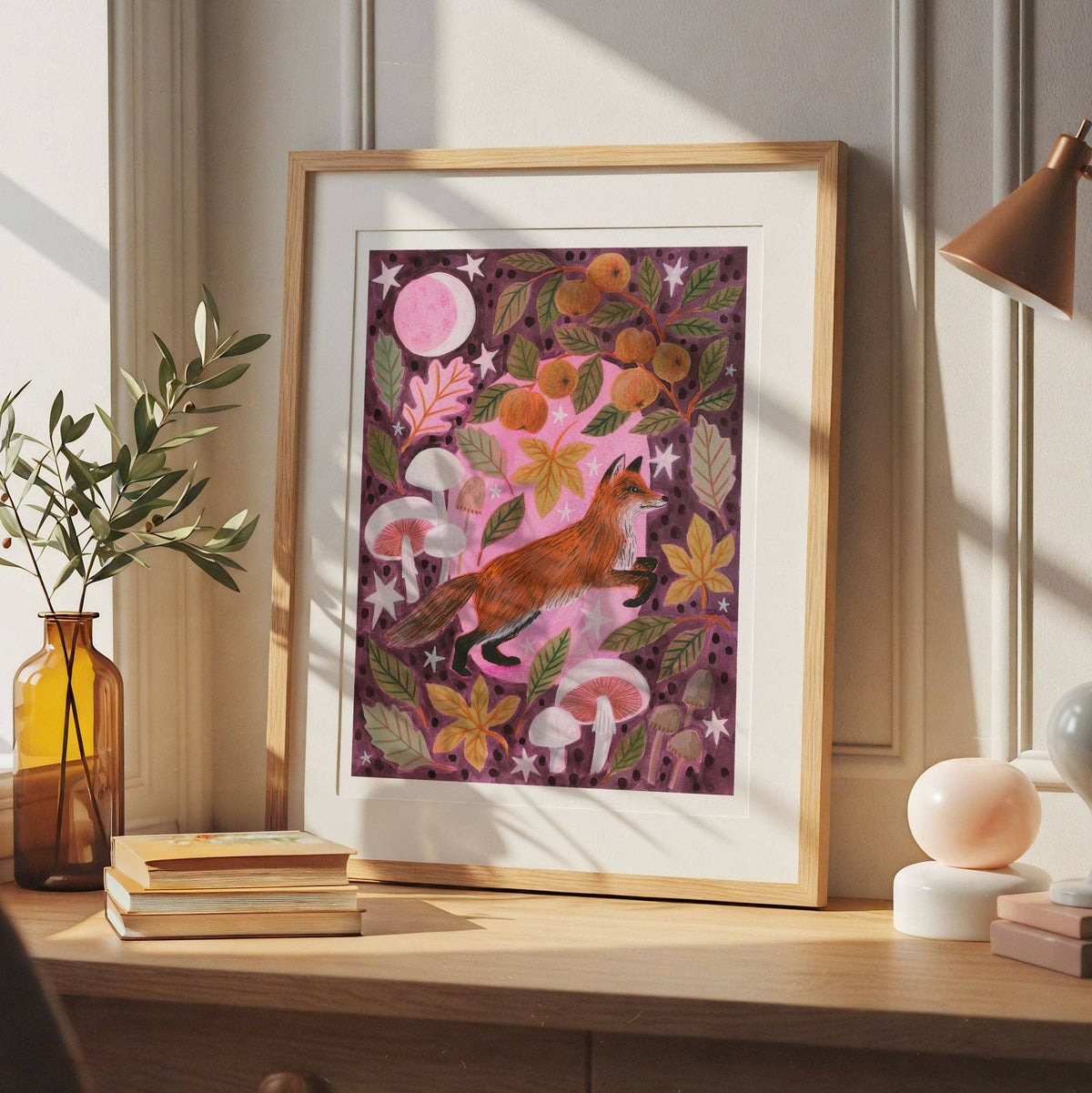 Fox and Mushrooms Autumnal A4 Art Print