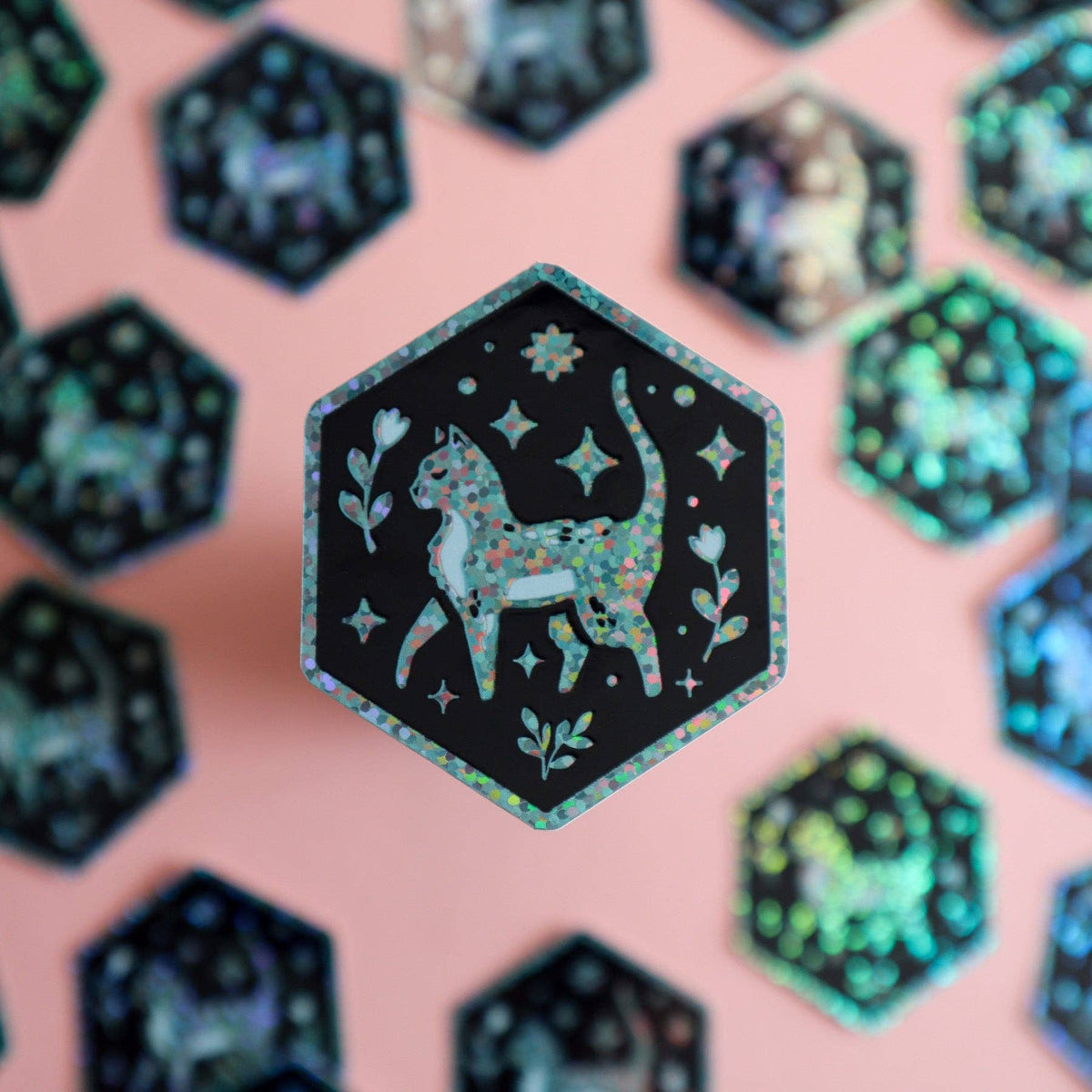 Cat Hexagon Glitter Sticker