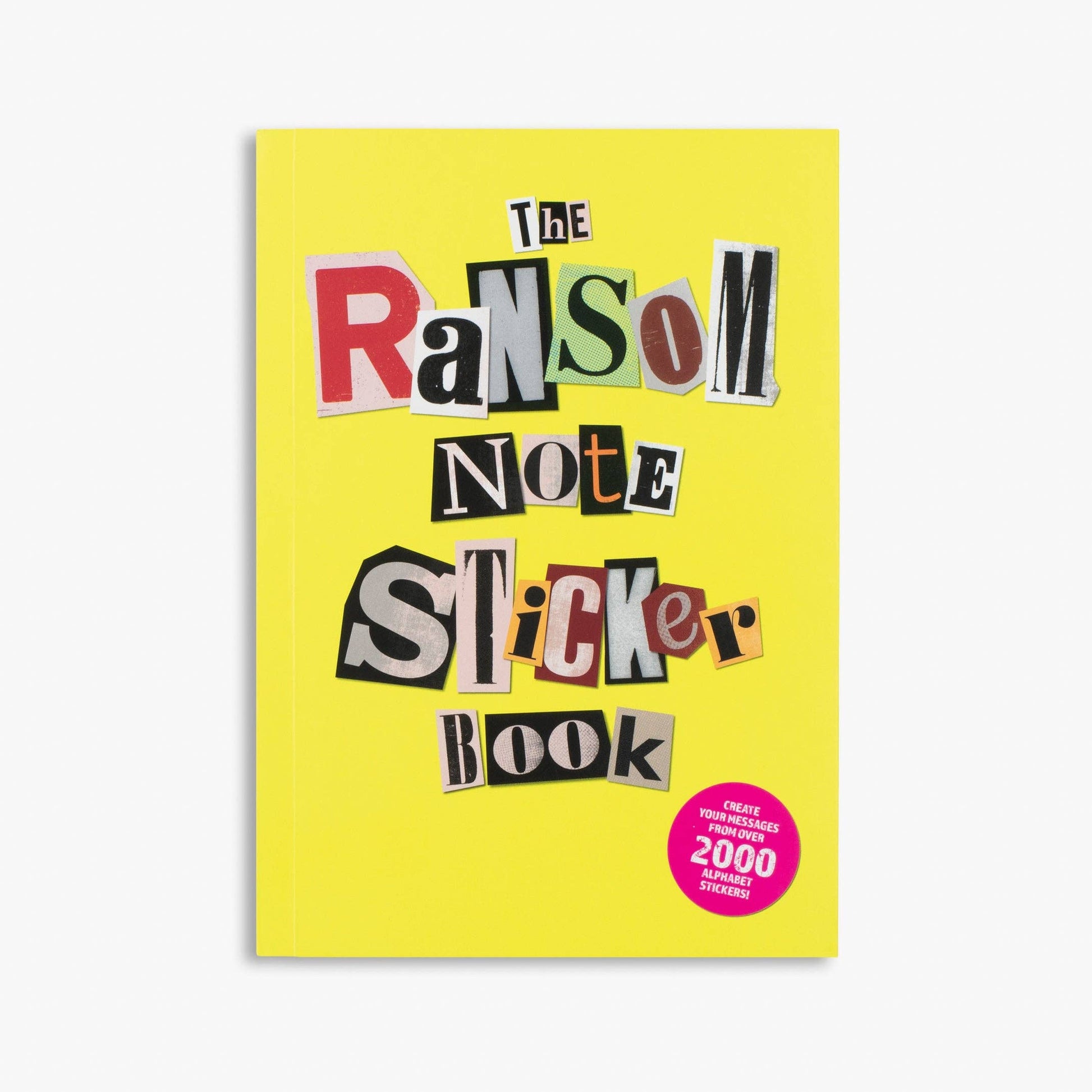 Ransom note sticker book with bight yellow cover and ransom note style lettering.