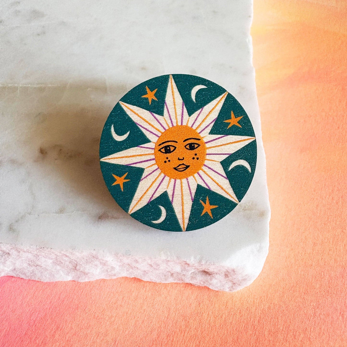 Celestial Star Wooden Pin Badge: Teal and Orange