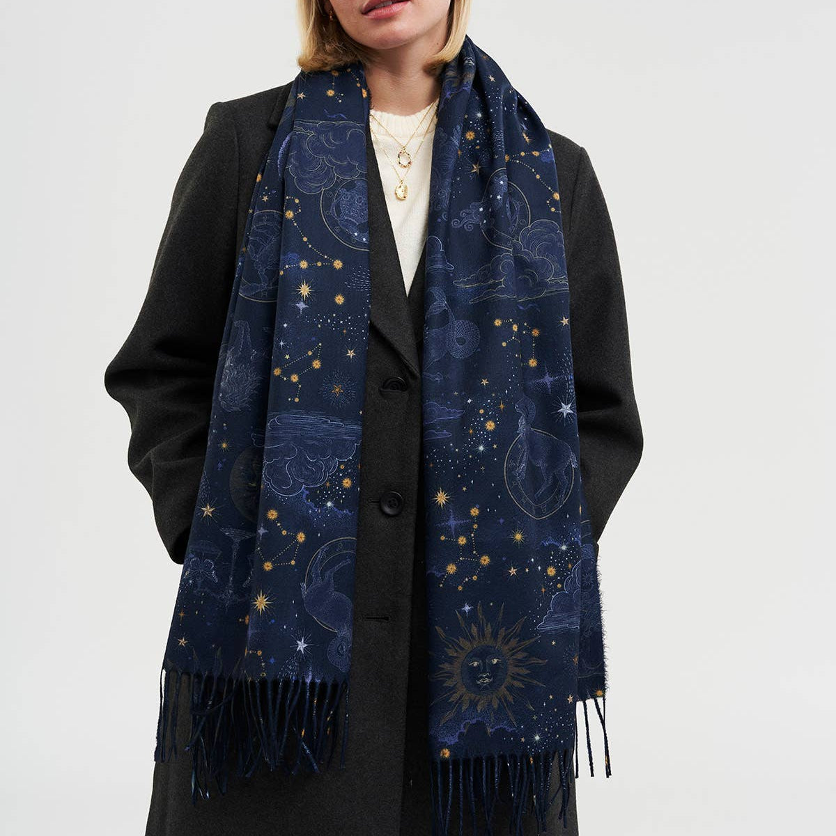 Zodiac Long Fringed Scarf in Navy