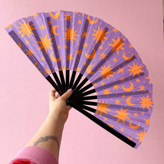 Purple & Orange Celestial print (Giant Clacking Hand Fan Glows in UV!)