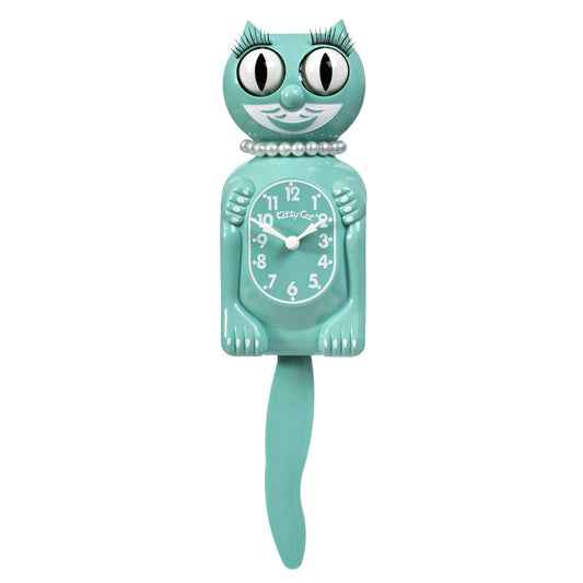 Teal cat-shaped clock with a white face on a white background. Cat has eyelashes and pearl necklace.