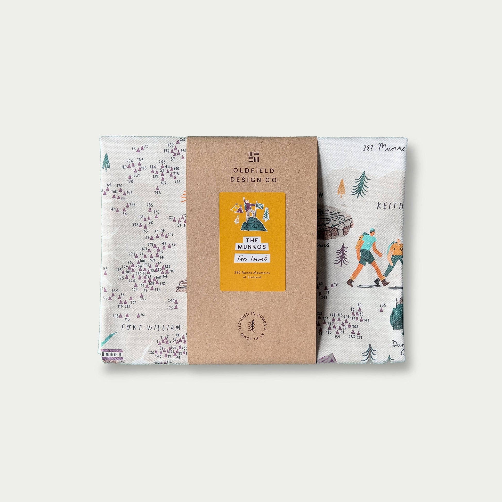 Packaged product with a brown label and scenic design on a white background