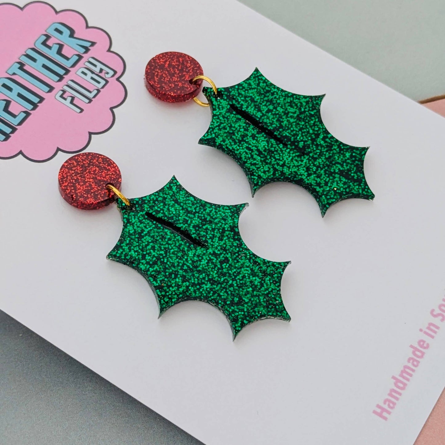 Holly Leaf Christmas Glitter Earrings