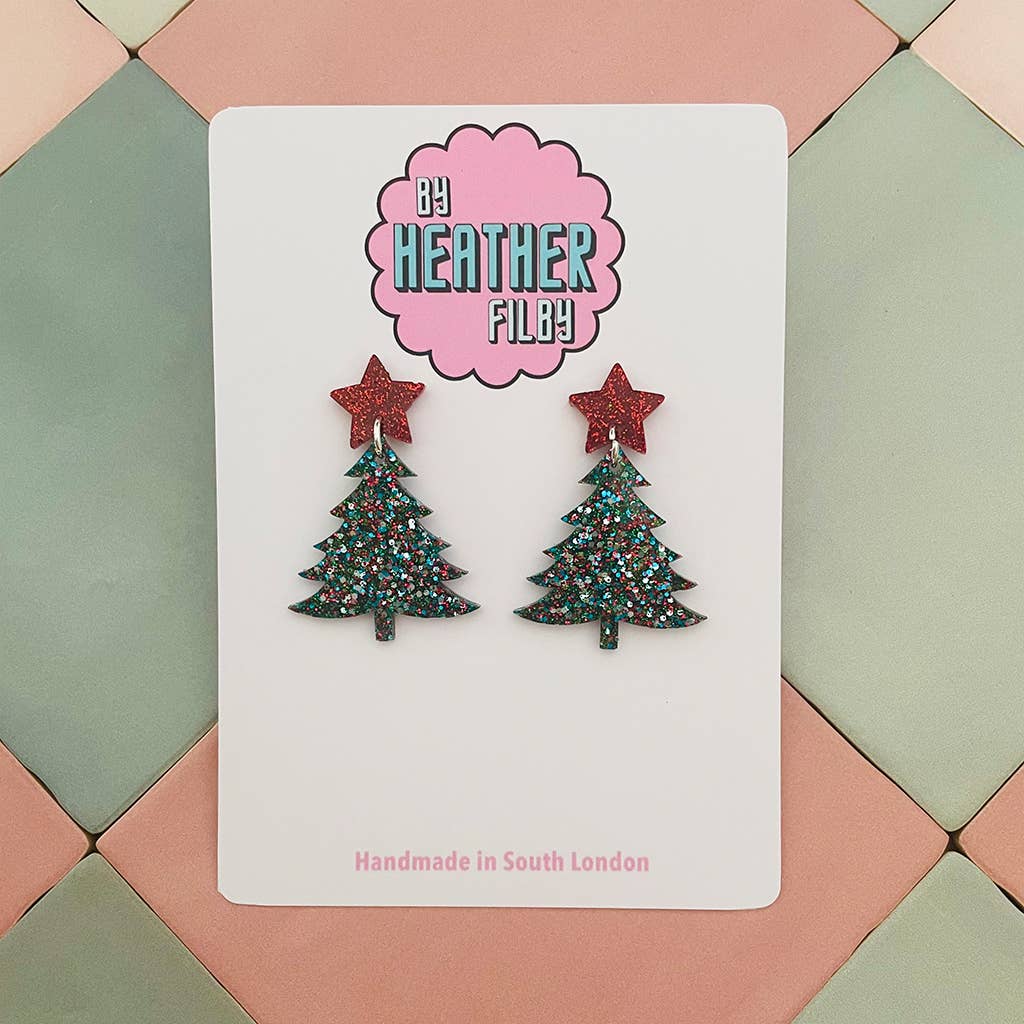 Silver and Red Glitter Christmas Tree Earrings