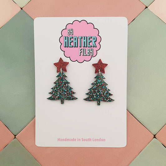Silver and Red Glitter Christmas Tree Earrings