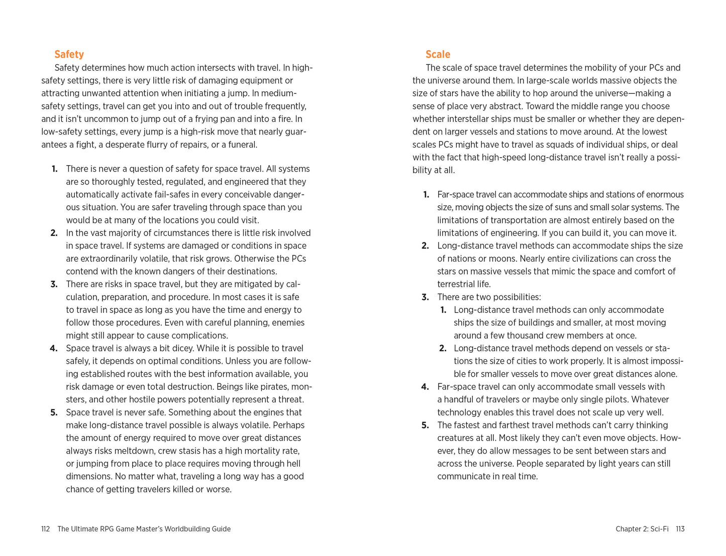 Page from a book or game manual discussing travel safety and space travel scales.
