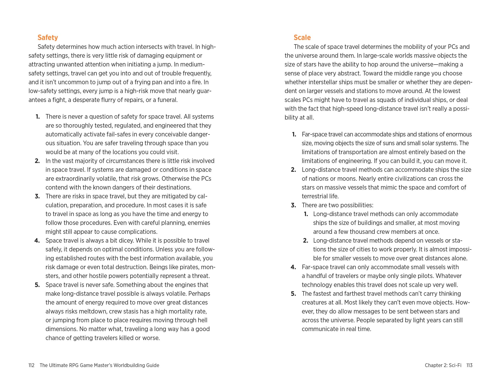 Page from a book or game manual discussing travel safety and space travel scales.