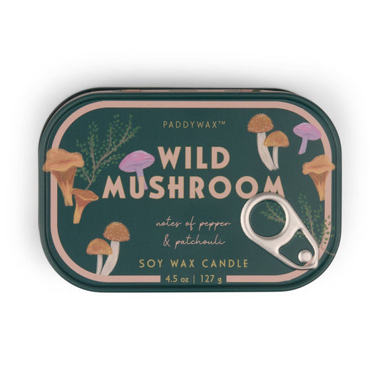 wild mushroom scented candle in a tin