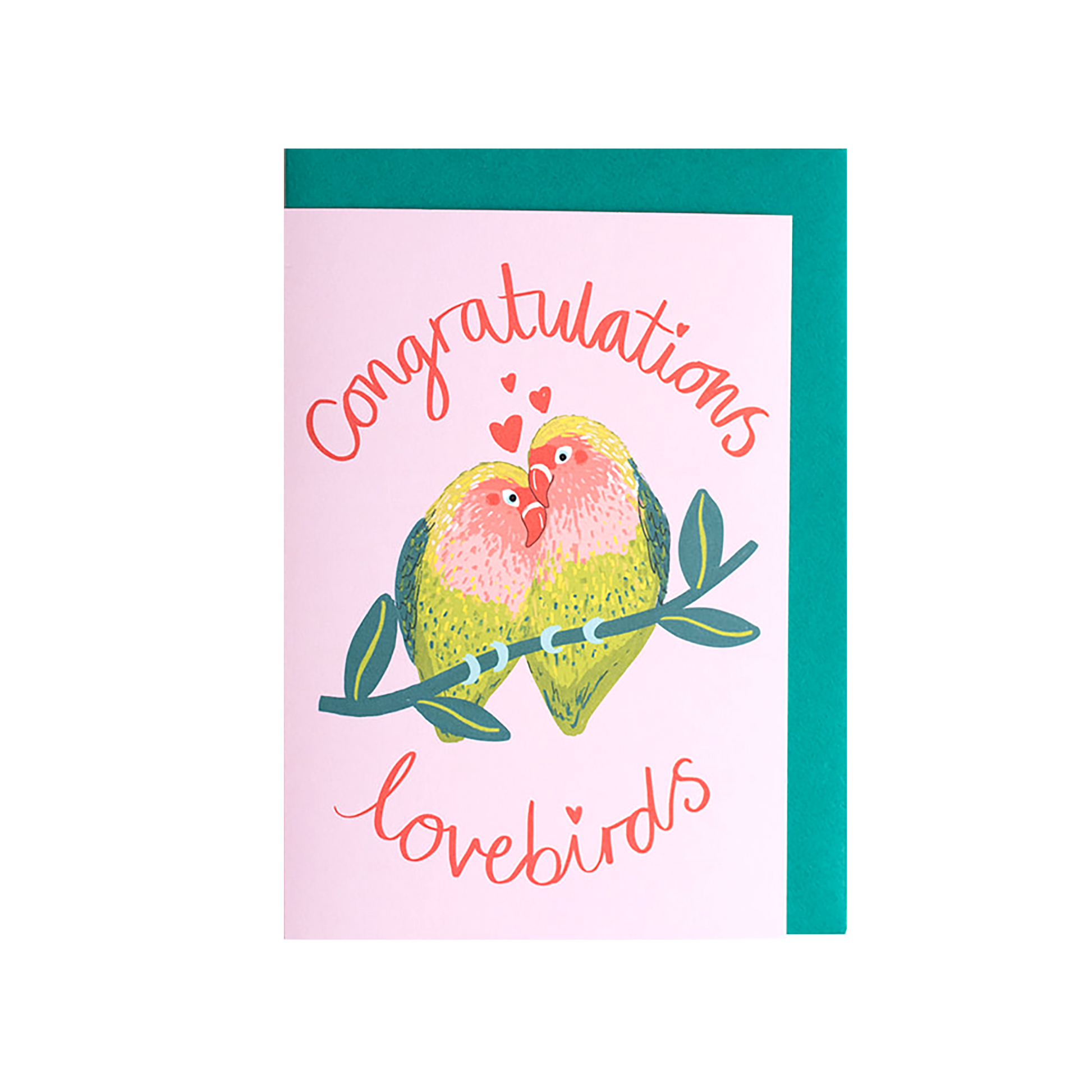 Greeting card with two lovebirds and 'Congratulations lovebirds' text on a pink background