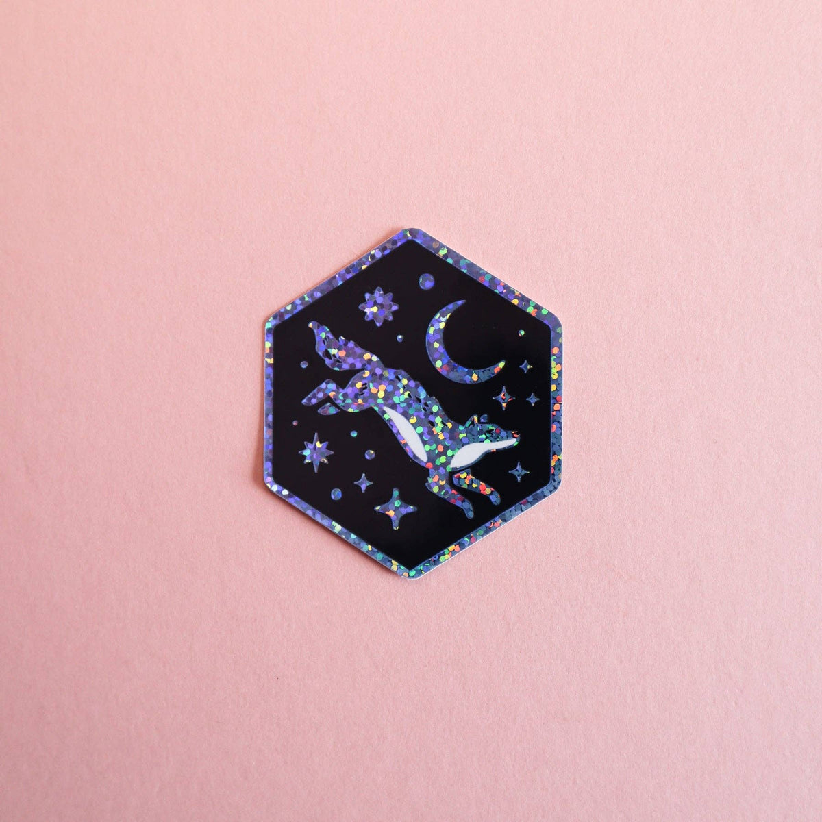 Wolf and Moon Hexagon Glitter Sticker