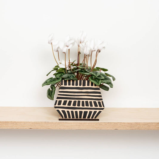 Black and white striped wooden plant screen with a plant on a wooden shelf against a white background