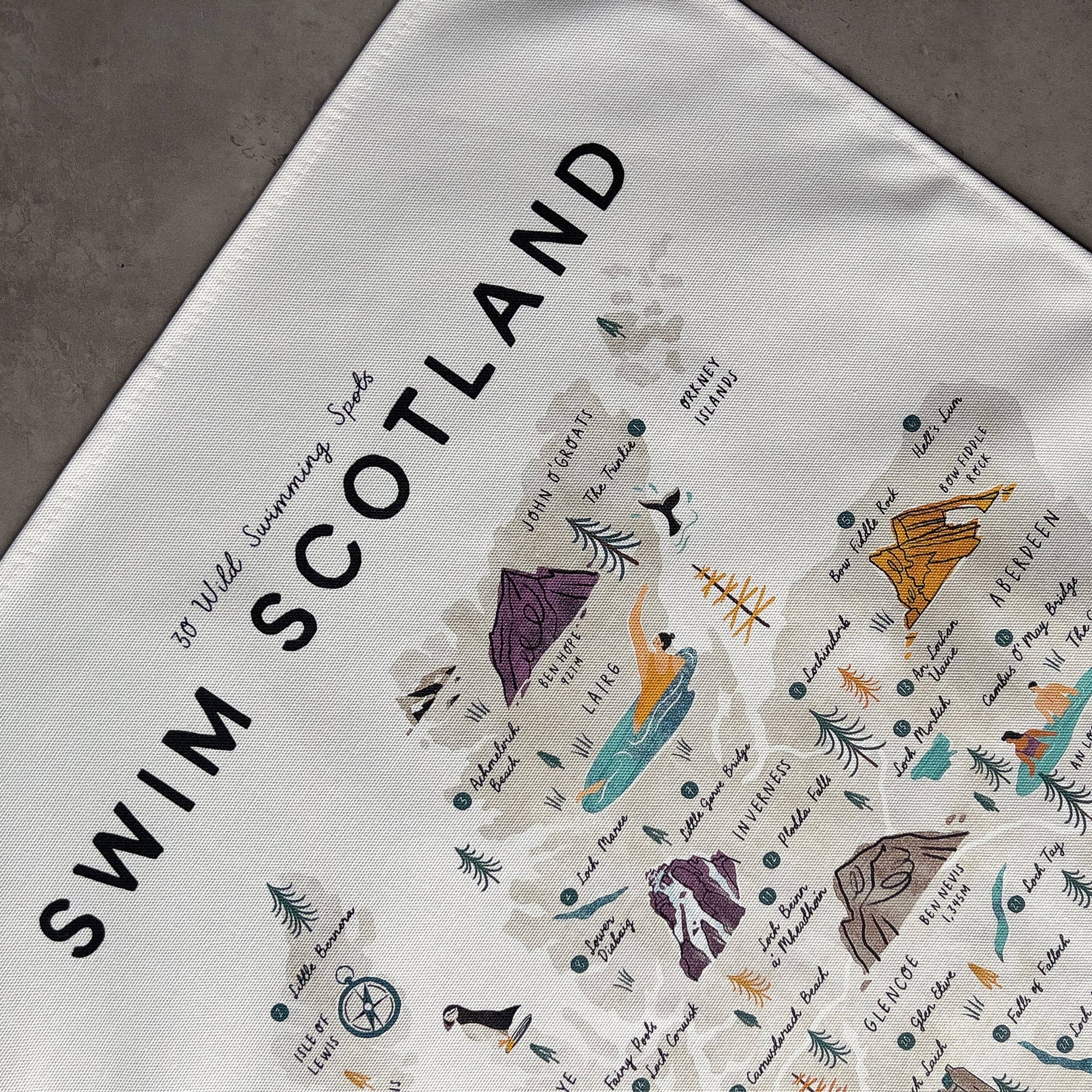 Map of Scotland with swimming spots and text on a white background