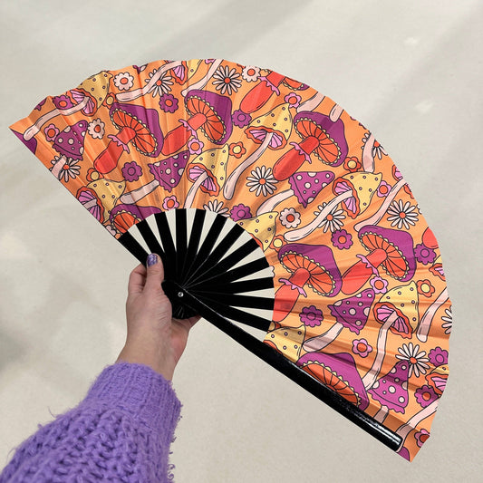 Giant Clacking Hand Fan Orange & Purple Toadstools Print (Glows in UV!)