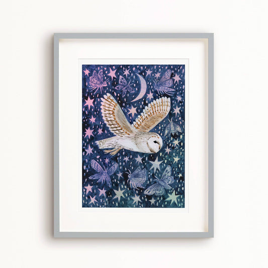 Barn Owl and Moths A3 Art Print