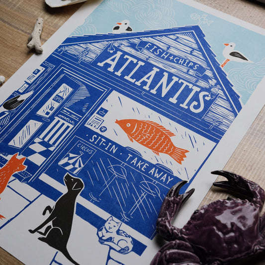Linocut illustration of a chip shop with dogs, cats and seagulls sitting outside