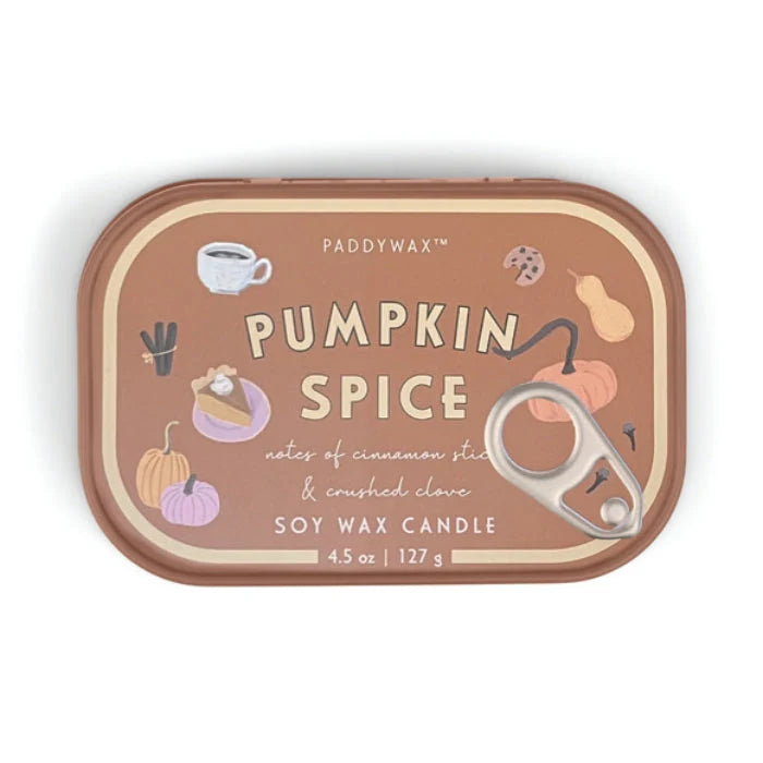A pumpkin spice candle in a brown tin with a ring pull