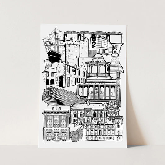 Black and white illustration of Dundee landmarks