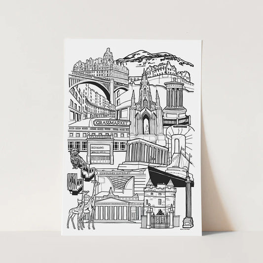 Black and white illustration of Edinburgh landmarks