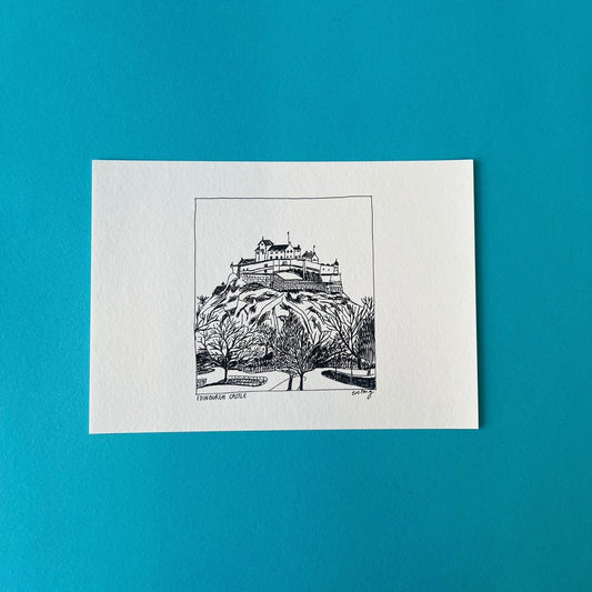 A black ink illustration of Edinburgh Castle viewed from the Princes Street Gardens on fine art paper.