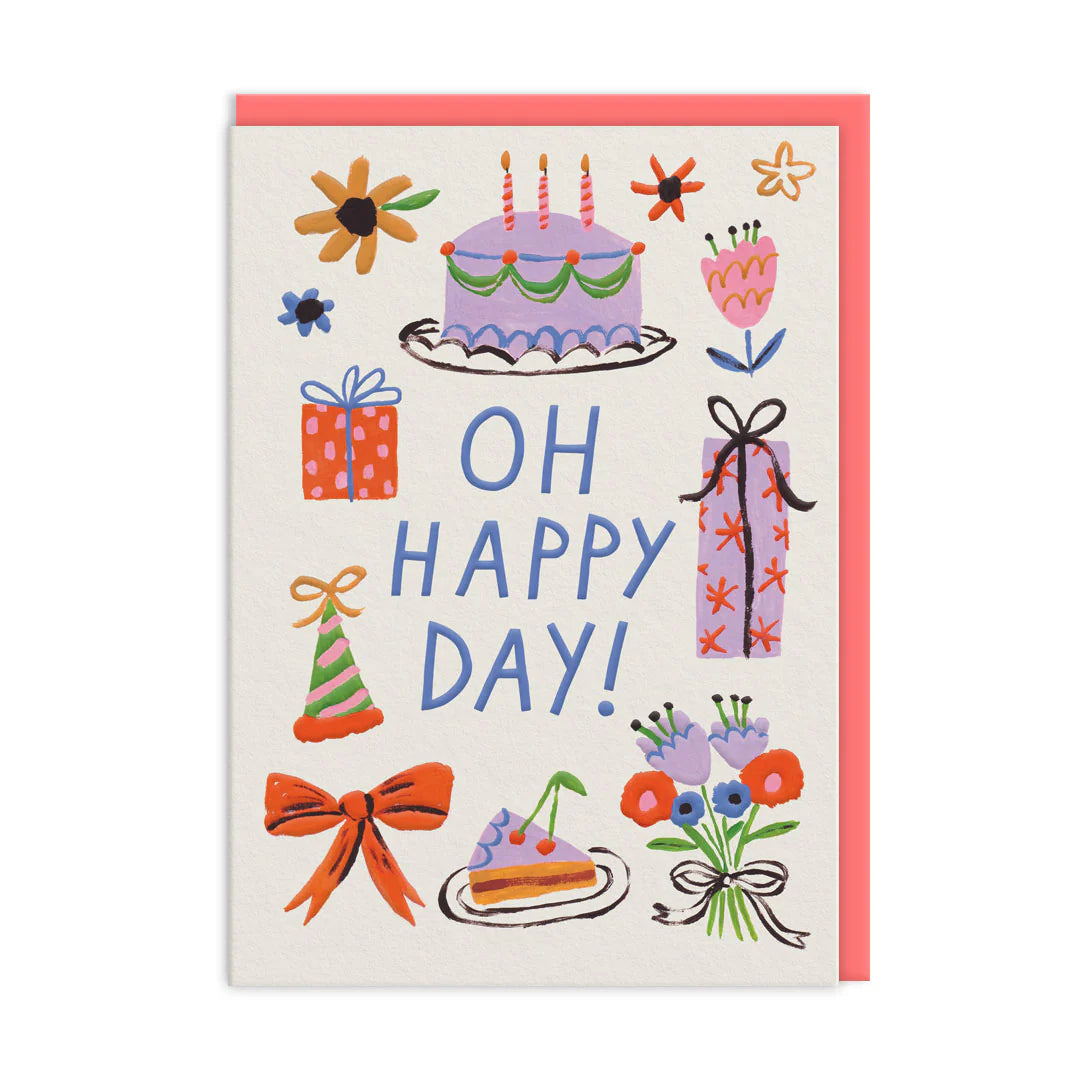 A greeting card with retro inspired birthday party illustrations, including a cake, gifts, and party hats, with the text 'OH HAPPY DAY!' on it. The card has a red envelope attached.