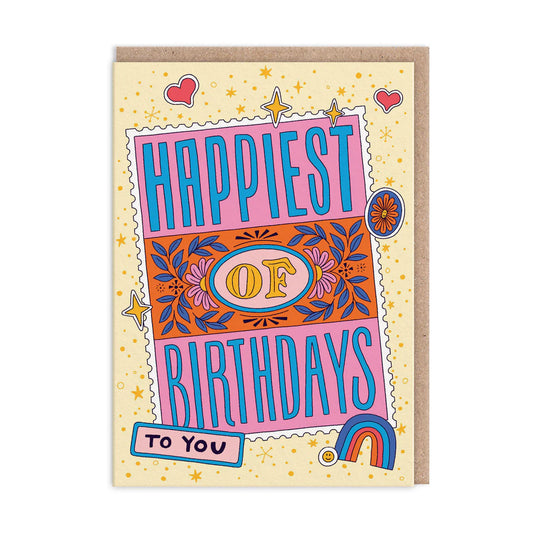 A colorful birthday greeting card with the text 'Happiest of BIRTHDAYS' in bold letters, decorated with patterns and birthday-themed illustrations.