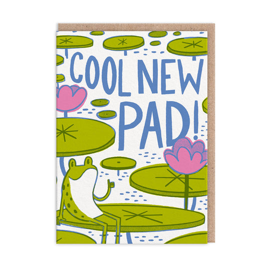 A fun way to wish a friend 'happy new home' with this 'Cool New Pad' card featuring an illustration of a frog on their lilypad.