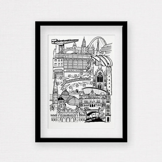 Black and white illustration of Glasgow landmarks