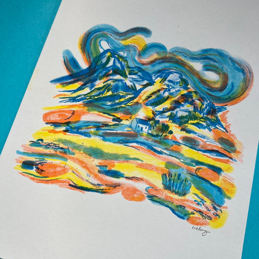 A colorful A4 risograph print with abstract elements in yellow, blue depicting a windswept landscape.