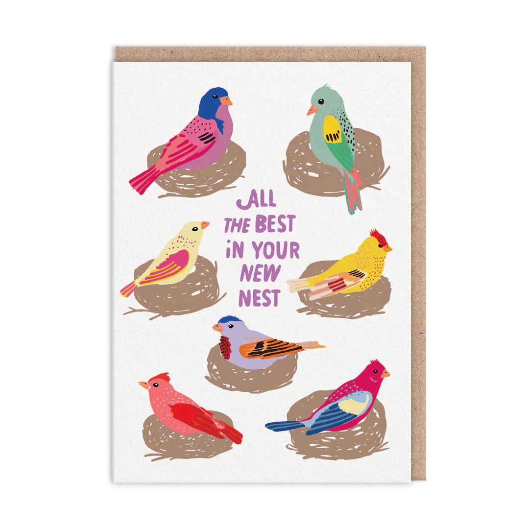 A colorful greeting card featuring an array of nesting birds with the text 'All the best in your new nest'.