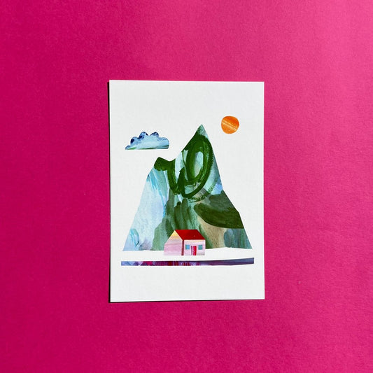 A colorful collage illustration of a small mountainside home with a mountain range, sun, and clouds in the background, presented on an A5 size paper.