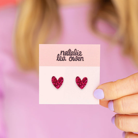 Hot Pink Glitter Heart Studs