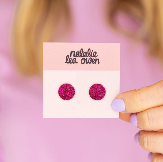 Hot Pink Glitter Circular Studs